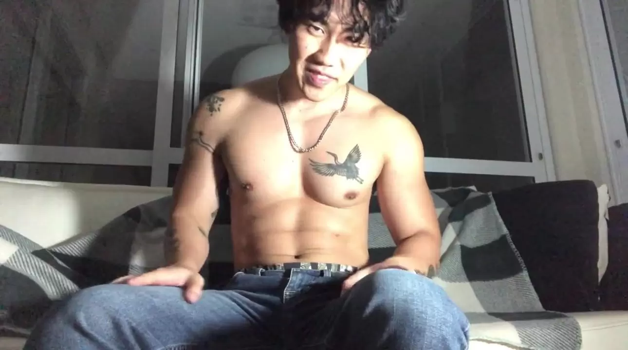 Asian boy massaging muscles and jerking off watch online image