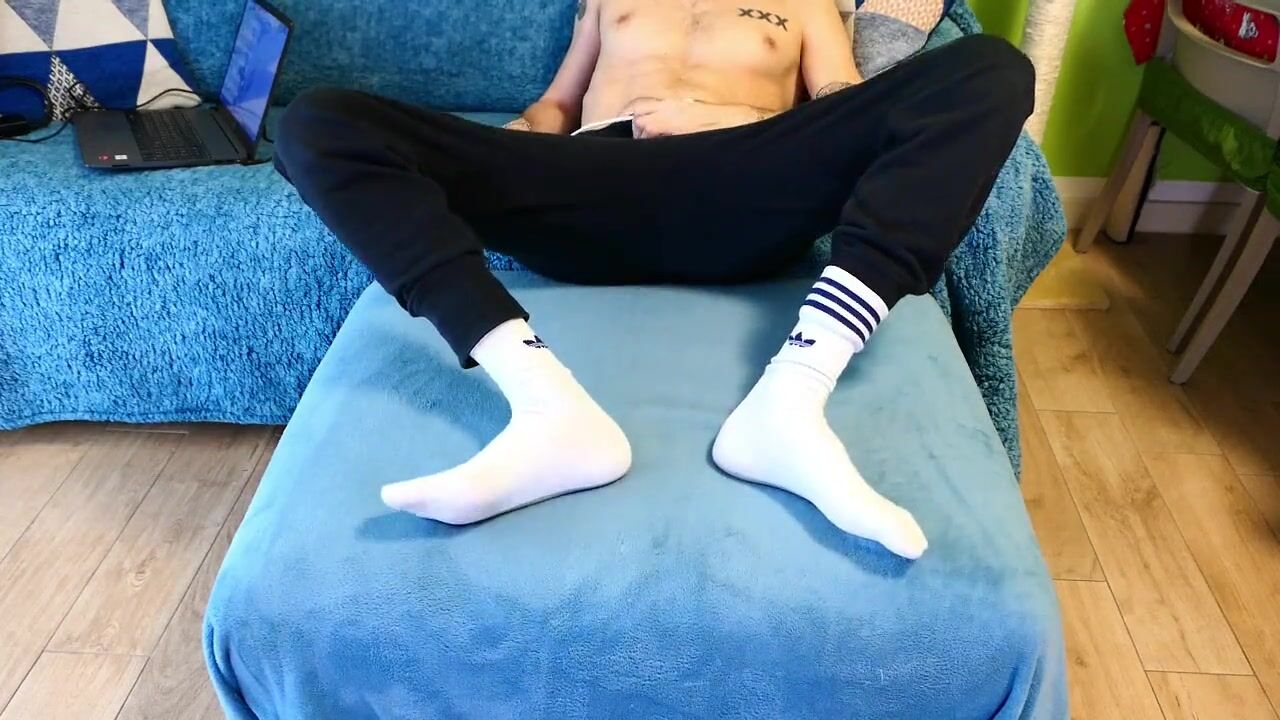 Jerk off my huge cock and bust my cum while watching porn with my white  socks. watch online